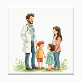 A Watercolor Image Of A Friendly Doctor Talking With A Young Patient And Family 1 Canvas Print