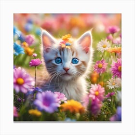 Colorful Kids Art Of A Kitten Playing In A Field Of Flowers Miki Asai Macro Photography Close Up Canvas Print