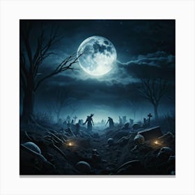 Gothic Style Illustration Skeletal Hands Breaking Through The Soil Full Moon Casting An Eerie Glow Canvas Print