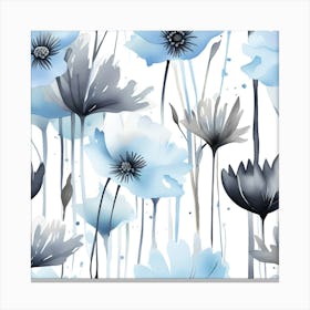 Watercolor Blue Poppies Seamless Pattern Monochromatic Canvas Print