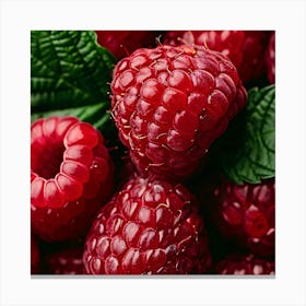 Raspberries With Green Leaves Canvas Print