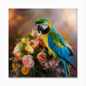 Colorful Parrot With Flowers Canvas Print