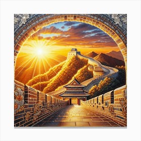 a shimmering diamond painting of the great wall of china at sunset, capturing the warm glow on the intricate latticework. Canvas Print