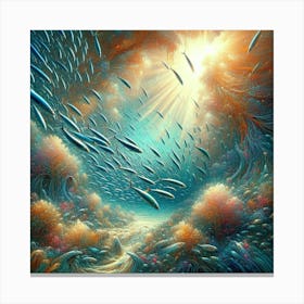 Sardines Swimming In A Surreal Underwater Garden, Style Digital Impressionism 3 Canvas Print