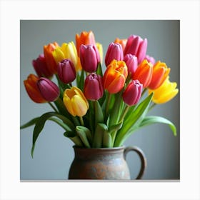 A Bunch Of Colorful Tulips Arranged In A Rustic Vase 3 Canvas Print