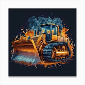 Yellow bulldozer surrounded by fiery flames 11 Canvas Print