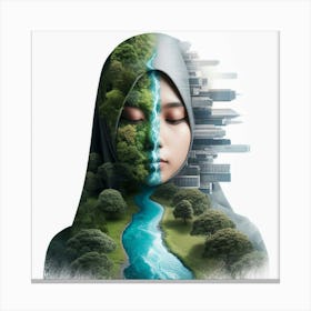 A photo of a young woman wearing a hijab with a green and blue pattern of nature on one side and a grey pattern of a city on the other side of her face, symbolizing the harmony between the natural world and urban life, and the need to protect the environment while still allowing for urban development. Canvas Print