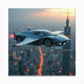 Futuristic Flying Car With Retractable Wings, Soaring Over A Glowing Metropolis 1 Canvas Print