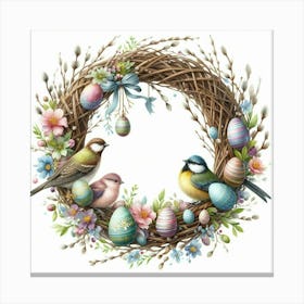 Easter Wreath With Birds And Eggs, Watercolor Painting Style Lienzo