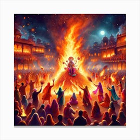 An Image Vividly Illustrating The Traditional Celebration Of Holika Dahan, A Significant Ritual During The Hindu Festival Of Holi Canvas Print