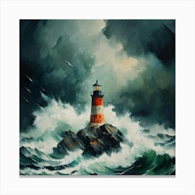 Abstract High Seas Crasdhing On Light House On A Big Rock Stormy Day Dark Clouds Rain Lighting Earthy Canvas Print