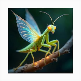 A Whimsical Mantis With Wings Of Translucent, Iridescent Light Perched On A Glowing Branch Canvas Print