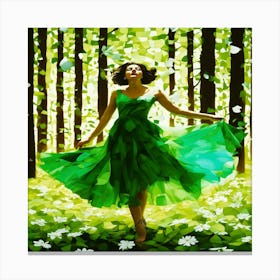 Girl In Green Dress In The Forest Canvas Print