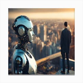 Futuristic Robot Looking Down On Man (1) Canvas Print