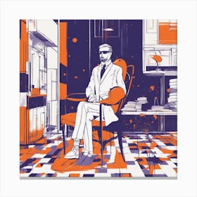 Drew Illustration Of Man On Chair In Bright Colors, Vector Ilustracije, In The Style Of Dark Navy An (3) Canvas Print