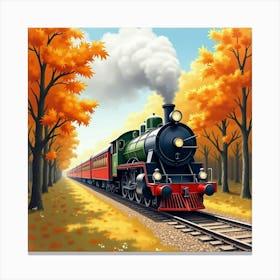 Classic Train Passing Through A Watercolor Painted Autumn Forest 1 Canvas Print