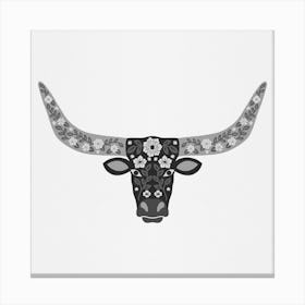 Floral Longhorn   Black And White Square Canvas Print