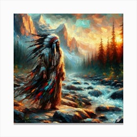 Oil Texture Native American Warrior By Stream 1 Canvas Print