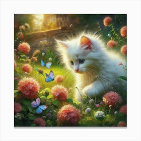 White Cat With Butterflies Canvas Print