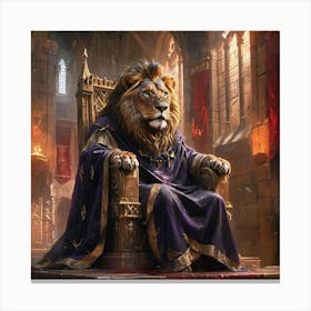 Regal Lion In Purple Cloak Seated On Throne Canvas Print