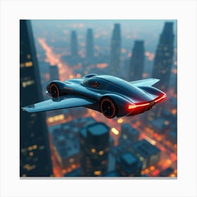 Sleek Futuristic Flying Car With Glowing Lights, Cruising Over A Modern City 1 Canvas Print