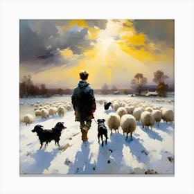 Shepherds In The Snow at Sunset Canvas Print