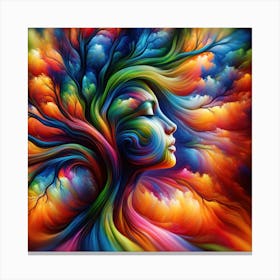A Surreal Image Of A Woman Artistically Blended Into A Tree, With Vibrant And Psychedelic Colors Creating A Dreamlike Atmosphere Canvas Print
