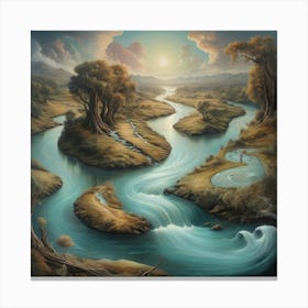 A surrealistic painting of a river, with dreamlike imagery and unexpected elements, inviting the viewer to explore their imagination. Canvas Print