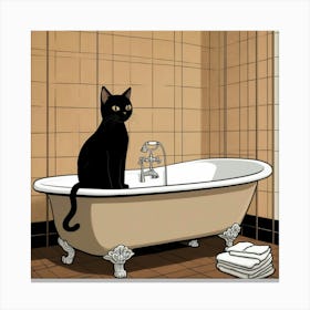 Default Black Cat On Bathtub Brown Black Bathroom Art Print 1 Canvas Print