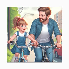 Father And Daughter Riding Bikes 1 Canvas Print