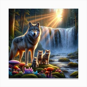 Wolf Family by Waterfall 1 Canvas Print