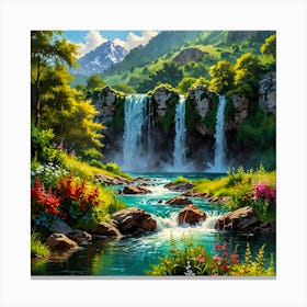 Waterfall In The Mountains Canvas Print