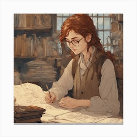 freckles freckled cheeks freckled wearing spectacles Renaissance reporter writing in a journal with a quill baroque oil painting rachel weisz ln illustration concept art lotr anime key visual portrait long flowing brown hair brown eyes fine detail delicate features gapmoe kuudere trending pixiv by victo ngai fanbox by greg rutkowski makoto shinkai takashi takeuchi studio ghibli Canvas Print