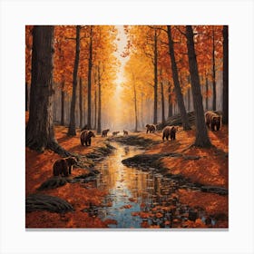 Linocut In The Center Brown Bears Autumn Old Tree Line Canvas Print