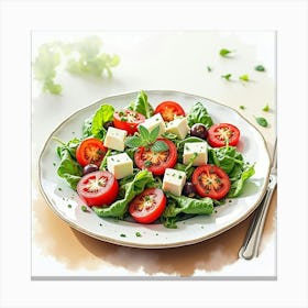 Watercolor Depiction Of A Fresh And Vibrant Greek Salad On A Fine Dining Table Canvas Print