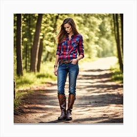 Young Woman In Plaid Shirt In The Forest Canvas Print