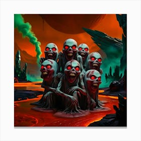 A Surreal And Vibrant Cinematic Photograph Depicting A Group Of Ghosts With Glowing Red Eyes 3 Canvas Print