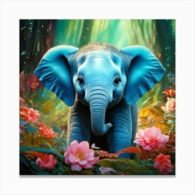 Firefly Adorable Turquoise Baby Elephant In A Magical Flowered Forest 54884 (2) Canvas Print