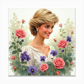 Princess Diana Smiling In A Soft Watercolor Garden Of Roses And Violets 1 Canvas Print