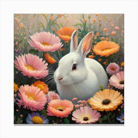 Enchanted Serenity A Vibrant Oil Painting Of A Rabbit Among Flowers (1) Canvas Print