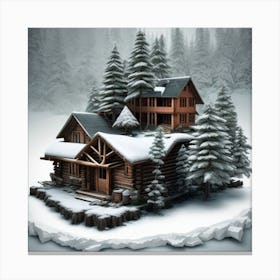 Small wooden hut inside a dense forest of pine trees with falling snow 12 Canvas Print