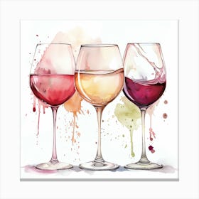 Watercolor Drawings Of Glass Of Rose White And Red Wine Glasses With Splashes Of Color Canvas Print