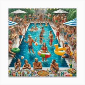 Pool Party Fun Wall Print Art A Lively And Joyful Depiction Of A Summer Pool Party, Perfect For Bringing Excitement And A Festive Atmosphere To Any Space Canvas Print