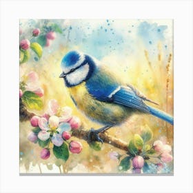 Nature-inspired Watercolor: Blue Tit, Apple Blossoms, and Soft Splatter Background. Canvas Print