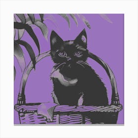 Black Kitty Cat In A Basket Lilac 1 Canvas Print