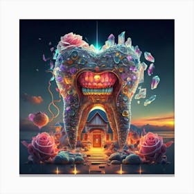 , a house in the shape of giant teeth made of crystal with neon lights and various flowers Canvas Print