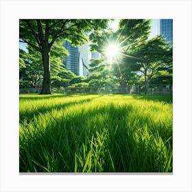 Bright Green Grass Under A Radiant Sun Swathed In Tokyo City Stands Out Against The Contrasting Sh (1) Canvas Print