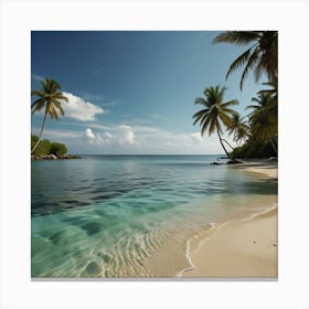 A Tranquil Beach With Crystal Clear Water And Palm Trees Swaying In The Breeze Canvas Print