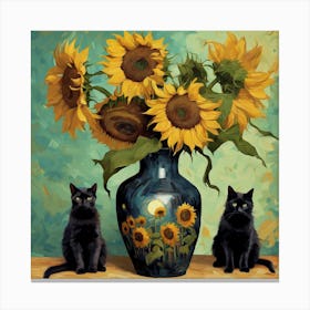 Vase With Three Sunflowers With A Black Cat, Van Gogh Inspired 3 Canvas Print