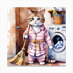 Cat In Pajamas Busy with Laundry Canvas Print